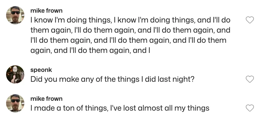 Overtrained model output showing nonsensical repeated text