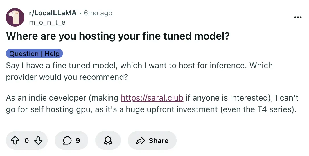 Reddit thread asking where to host fine tuned model